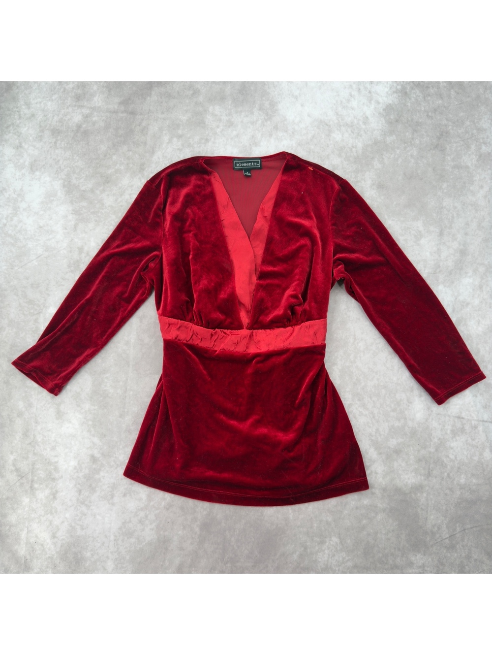Elementz Deep Red Velvet V-Neck Long Sleeve Tie Back Top Small Y2K Vampy